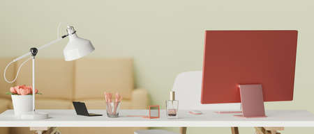 Front view of feminine working desk with computer, cosmetics, flower vase and lamp, 3D rendering, 3D illustrationの写真素材