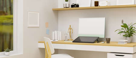 Home office room in terror design with computer, drawing tablet, decorations and wooden furniture, 3D rendering, 3D illustrationの写真素材