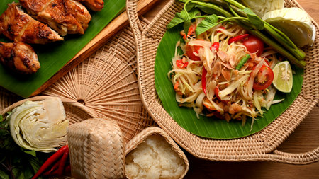 Somtum or papaya salad with vegetables on wicker plate and Thai style grilled chicken, Thai foodの写真素材