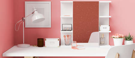Pink feminine âdressing table with cosmetics, beauty items, mirror and decorations, 3D rendering, 3D illustrationの写真素材