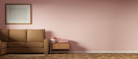 Living room interior design with couch, side table and mock-up frame decorated on pink wall, 3D rendering, 3D illustrationの写真素材