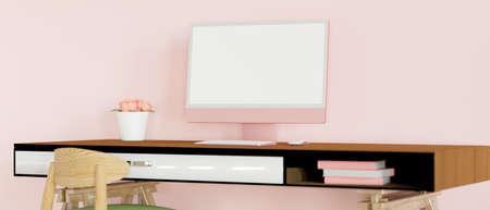 Feminine office desk with computer, flower vase and supplies in pink wall room, 3D rendering, 3D illustrationの写真素材