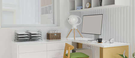 Modern office interior design with computer desk, office supplies, furniture and decorations, 3D rendering, 3D illustration, side viewの写真素材
