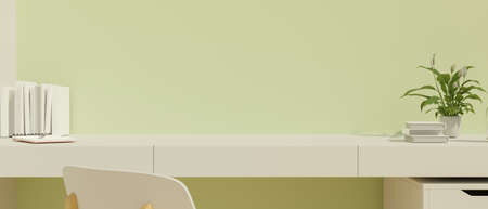 Green and white concept workspace with books, notebook, plant pot and copy space, 3D rendering, 3D illustrationの写真素材