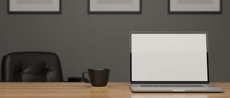 Laptop with mock-up screen and cup on wooden table in meeting room, 3D rendering, 3D illustrationの写真素材