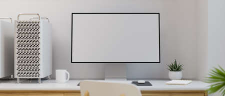 Computer device with mock-up screen in simple working space, 3D rendering, 3D illustrationの写真素材