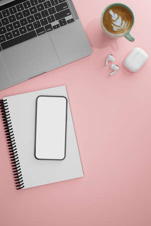 Top view of pink table with smartphone, notebook, laptop, earphone and coffee cup, 3D rendering, 3D illustrationの写真素材