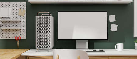 Computer device with mock-up screen in stylish working space, 3D rendering, 3D illustrationの写真素材