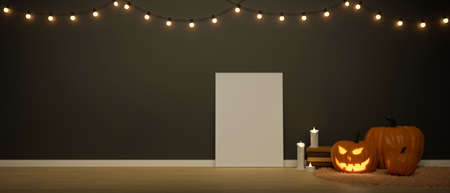 Halloween decorations decorated in the room with mock-up frame and pumpkin lamp, 3D rendering, 3D illustrationの写真素材