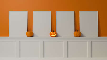 Mock-up frames and halloween decorations decorated on the table, 3D rendering, 3D illustrationの写真素材