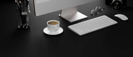 Dark computer desk with coffee cup, stationery, camera, glasses and copy space, 3D rendering, 3D illustrationの写真素材