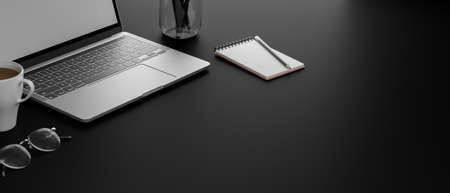 Dark working space with laptop, stationery, coffee, glasses and copy space, 3D rendering, 3D illustrationの写真素材