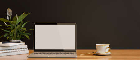 Study table with laptop, cup, books and plant pot in living room, 3D rendering, 3D illustrationの写真素材