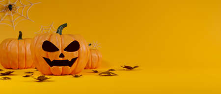 Halloween decoration, pumpkin lamps decorated on yellow background, 3D rendering, 3D illustrationの写真素材