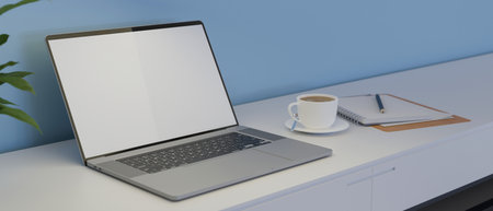 Laptop with mock-up screen on white table with coffee up and stationery, 3D rendering, 3D illustrationの写真素材