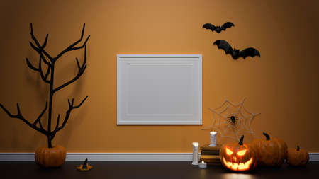 Halloween decoration concept with mock-up frame, pumpkin lamp and  dried tree decorated in the room, 3D rendering, 3D illustrationの写真素材