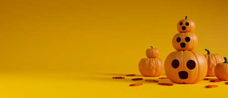 Halloween decoration, stack of pumpkin lamps decorated on yellow background, 3D rendering, 3D illustrationの写真素材
