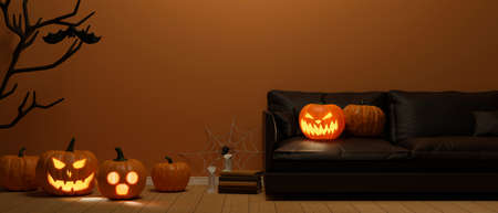Living room decorated with pumpkin lamps and halloween concept decorations, 3D rendering, 3D illustrationの写真素材