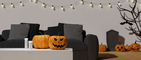 Halloween decorations decorated in living room with pumpkin lamps, halloween party, 3D rendering, 3D illustrationの写真素材