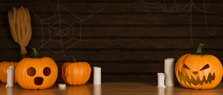 Halloween decoration concept with pumpkin lamps and candles on wooden table, 3D rendering, 3D illustrationの写真素材