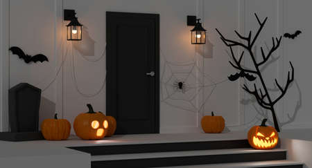 Halloween home decorations with pumpkin lamps and scary items decorated front of the door at night, 3D rendering, 3D illustrationの写真素材