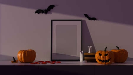 Halloween party decorations with mock-up frame and pumpkin lamps in living room, 3D rendering, 3D illustrationの写真素材