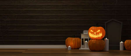Halloween decorations with pumpkin lamps, candle and scary stuff on the floor in living room, 3D rendering, 3D illustrationの写真素材