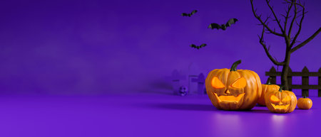 Halloween concept with pumpkin lamps on purple background, bats and dried tree in the back, 3D rendering, 3D illustrationの写真素材