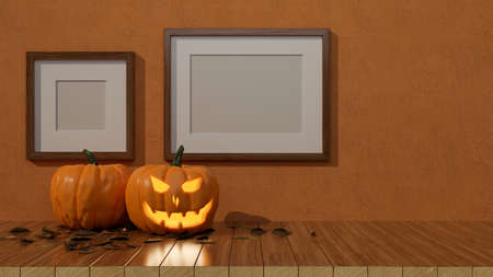 Halloween decorations with pumpkin lamps on the table and mock-up frames on the wall, 3D rendering, 3D illustrationの写真素材