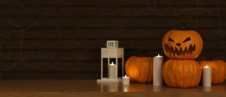 Halloween decorations with pumpkin lamps and candles on the floor in living room, 3D rendering, 3D illustrationの写真素材