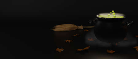 Witch cauldron and broomの写真素材