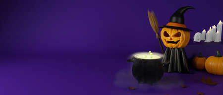 Creepy Halloween grinning pumpkins in witch costume and cauldron on purple background, 3D rendering, 3D illustrationの写真素材
