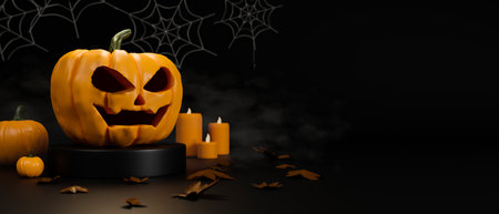 Scary pumpkin lamp, candles and spider decorations in halloween concept on black background, 3D rendering, 3D illustrationの写真素材