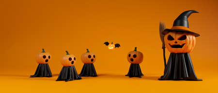 Halloween grinning pumpkins with witch costume and broom on orange background, 3D rendering, 3D illustrationの写真素材