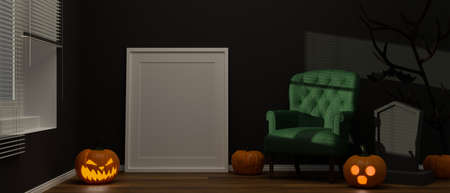 Living room decorated with mock-up frame and scary stuff in halloween concept, 3D rendering, 3D illustrationの写真素材