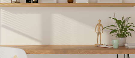Wooden table with figure, plant pot, stuff and copy pace in living room, 3D rendering, 3D illustrationの写真素材