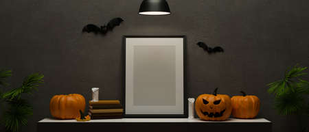 Halloween decorations with mock-up frame, pumpkin lamp and scary stuff decorated in the room, 3D rendering, 3D illustrationの写真素材