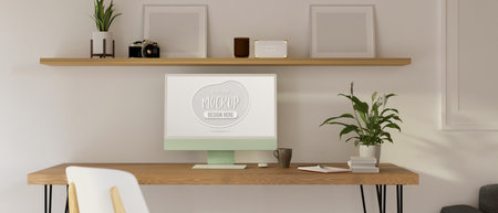 Home working space with computer desk decorated with plants and wooden furniture, 3D rendering, 3D illustrationの写真素材