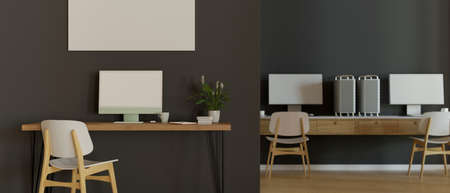 Loft office working space interior design with three computer desk in the room, 3D rendering, 3D illustrationの写真素材