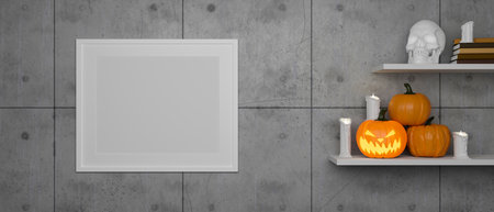 Mock-up frames on the loft wall with the shelves decorated with pumpkin lamps and stuff in halloween concept, 3D rendering, 3D illustrationの写真素材