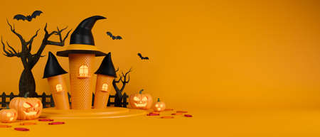 Witch castle, bats, grinning pumpkins and dried tree, Halloween conceptの写真素材