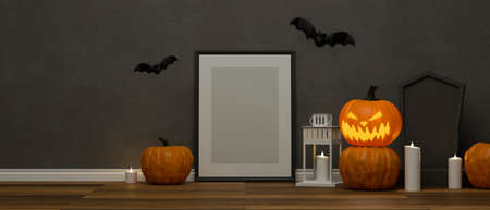 Halloween decorations with mock-up frame, pumpkin lamp, grave and scary stuff decorated in the room, 3D rendering, 3D illustrationの写真素材