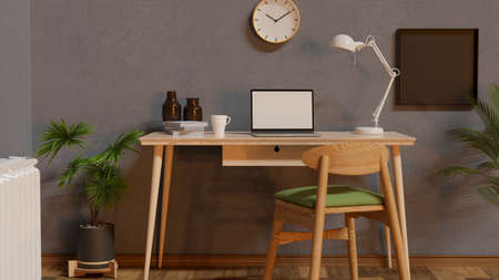 Home working space interior design with laptop and supplies on the desk decorated with houseplant, 3D rendering, 3D illustrationの写真素材