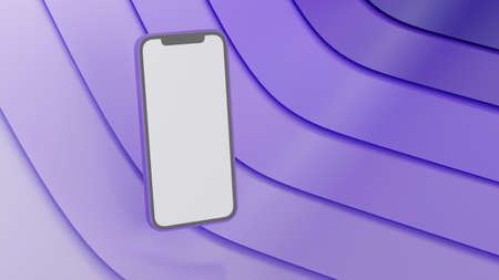 Smartphone with mock-up screen frying isolated on purple abstract background, 3D rendering, 3D illustrationの写真素材