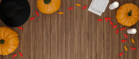 Halloween decorations, scary stuff, pumpkin and copy space on wooden table, top view, 3D rendering, 3D illustrationの写真素材