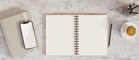 Top view of notebook and smartphone with mock-up screen on marble desk, 3D rendering, 3D illustrationの写真素材