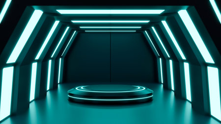 Futuristic mock up scene with podium for product display, abstract blue neon futuristic sci-fi interior designの写真素材