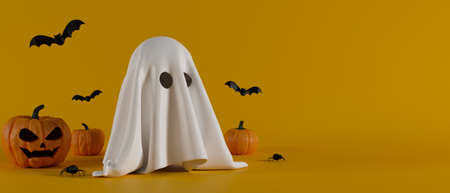 Halloween background with cute ghost, grinning pumpkins and bats on yellow background, 3D rendering, 3D illustrationの写真素材