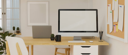 Workspace with computer, laptop and supplies on the desk with notice board and houseplant decorated in the room, 3D rendering, 3D illustrationの写真素材