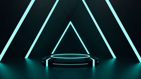 Abstract neon futuristic sci-fi mock-up scene with podium or showcase product, 3D rendering, 3D illustrationの写真素材